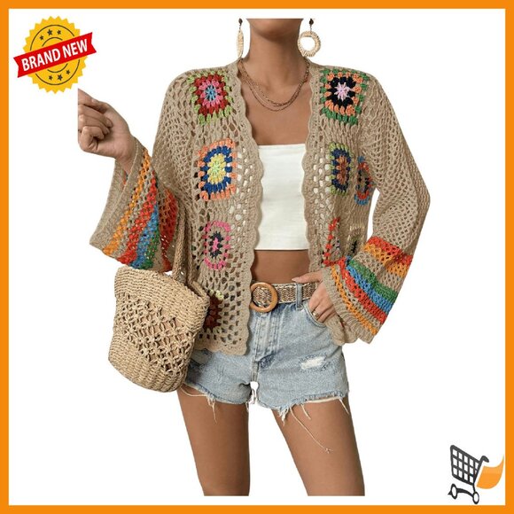Sweaters - Floral Crochet Cardigan Open Front Long Sleeve Lightweight Sweater